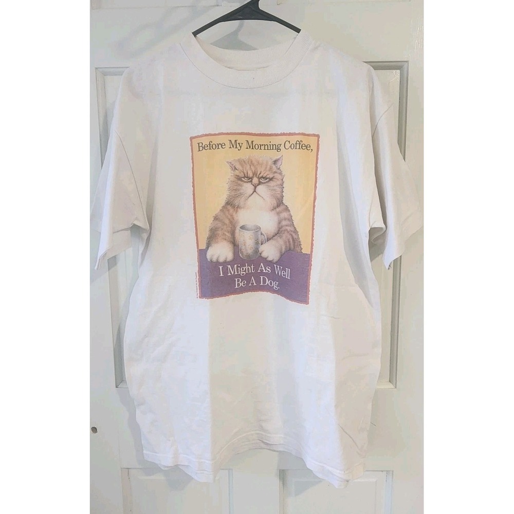 VINTAGE 90S CAT MORNING SHIRT UNISEX SIZE LARGE COFFEE JOKE GRAPHIC PRINT WHITE